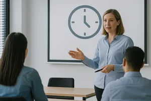 Lehrperson erklärt Brandschutzmaßnahmen