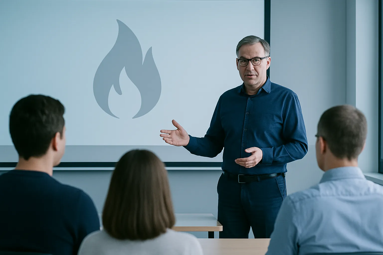 Lehrperson erklärt den Auszubildenden Brandschutzverfahren