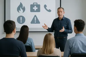 Lehrperson zeigt Brandschutz Methoden